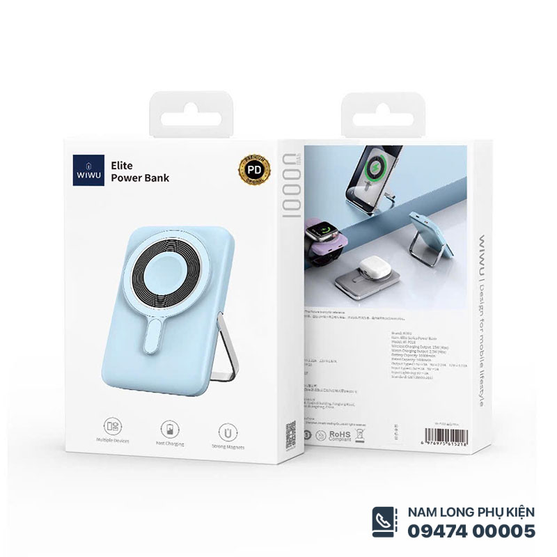 Sạc Dự Phòng Không Dây 3in1 WiWU Elite Wi-P018 Cho IPHONE 15W, AW 2.5W, AP 5W, 10.000mAh, Tích Hợp Chân Đế – Nam Long Mobile