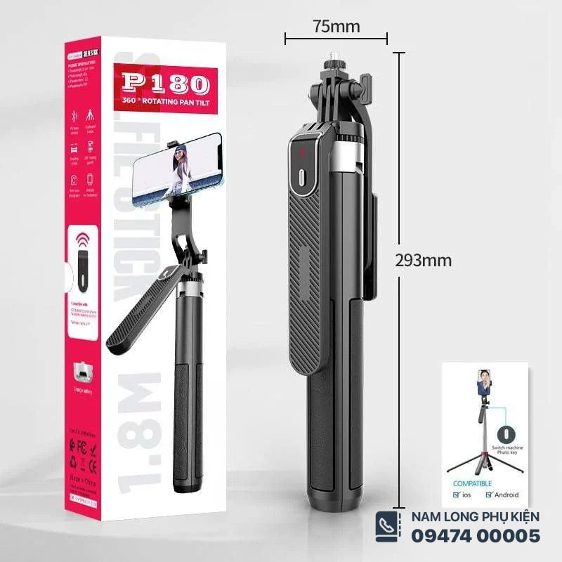 Gậy chụp hình Selfie Stick P180 dài 1m8 – Nam Long Mobile