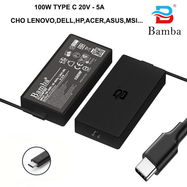 Sạc laptop Dell, XPS, Inspiron, Latitude, Precision, HP, Lenovo, MSI, Asus USB-C 20V- 5A - 100W- Hiệu Bamba