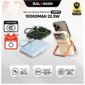 Sạc Dự Phòng Salaman AirFan GEN II 10000mAh–Sạc Nhanh 22.5W,Dây 2in1 Type C+Lightning,Sạc Không Dây