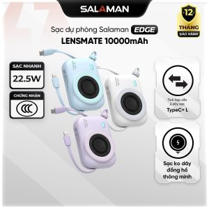 Sạc dự phòng Salaman Lensmate 10000mAh PD 22.5W, Sạc ko dây, Tích hợp 2 dây TypeC + IP