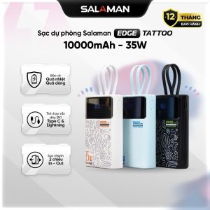 Sạc Dự Phòng Salaman Tattoo 10000mAh 35W PD QC, Tích hợp 2 Cáp Type C + Lightning, LED, Vỏ Chống Trầy